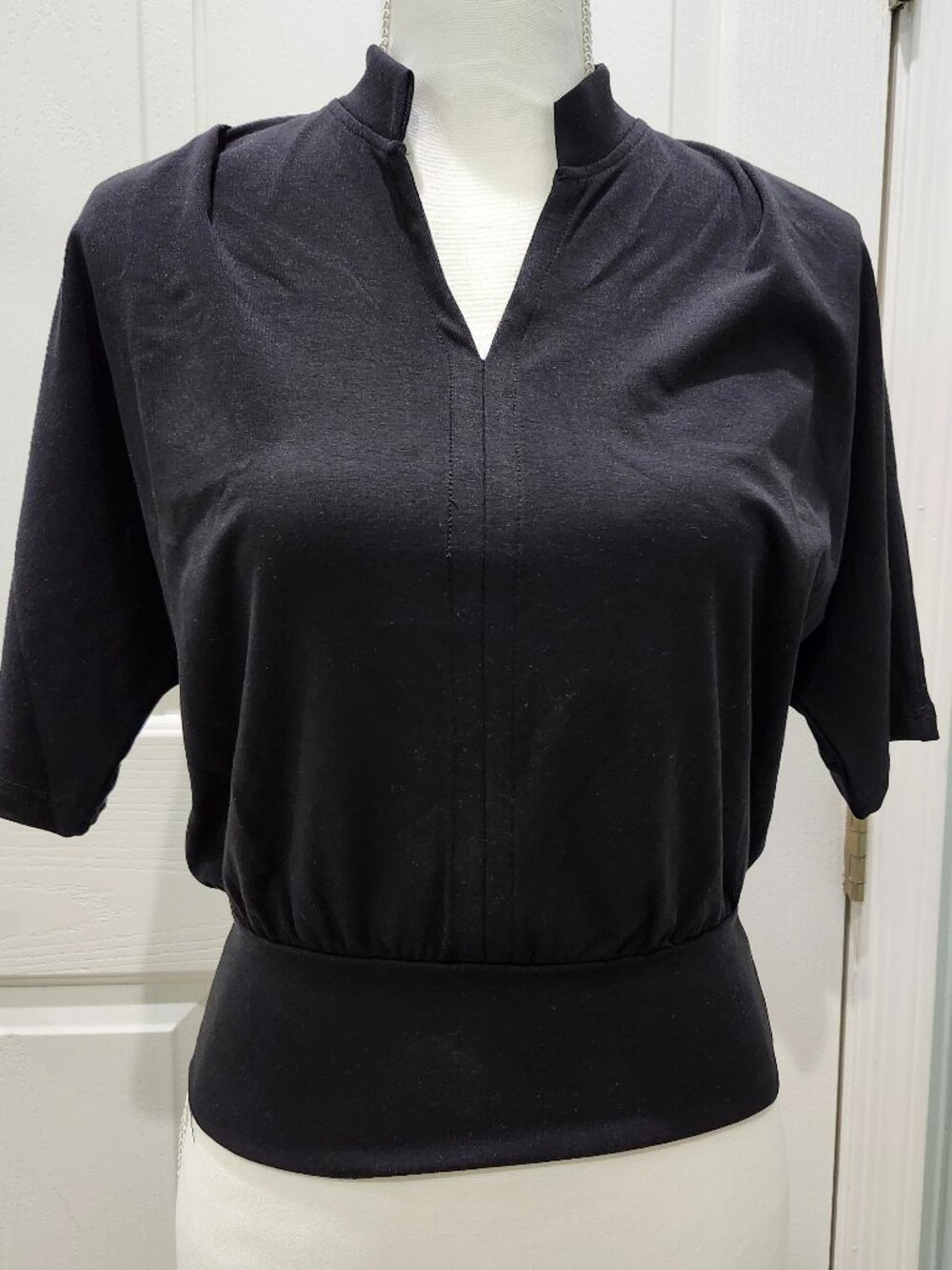 OGL Stand Collar V-Neck Short Sleeve Top, Black, NWT
